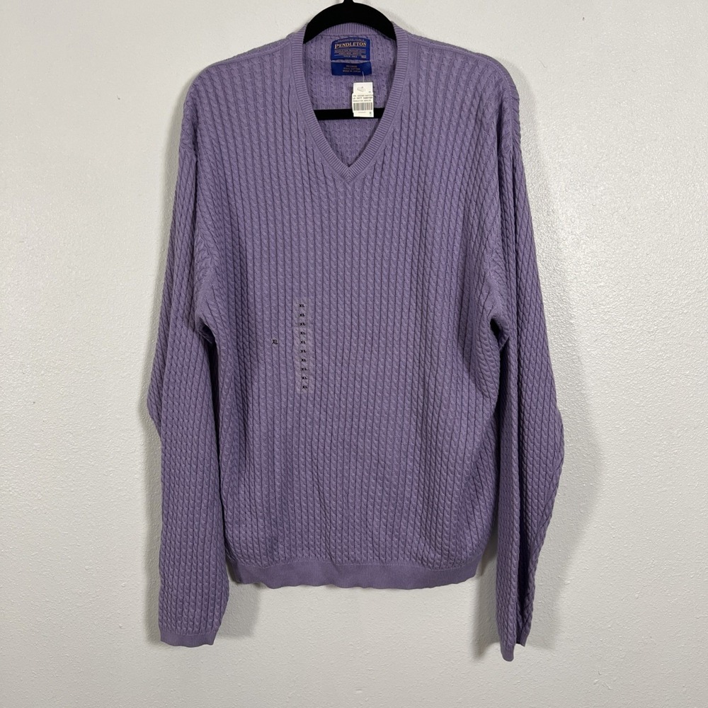 Pendleton Woolen Mills Cotton V Neck‎ Cable Knit Sweater XL Purple Mens/ Unisex